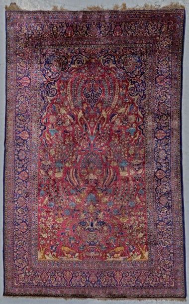 KECHAN - TAPIS en laine et soie à fond aubergine...