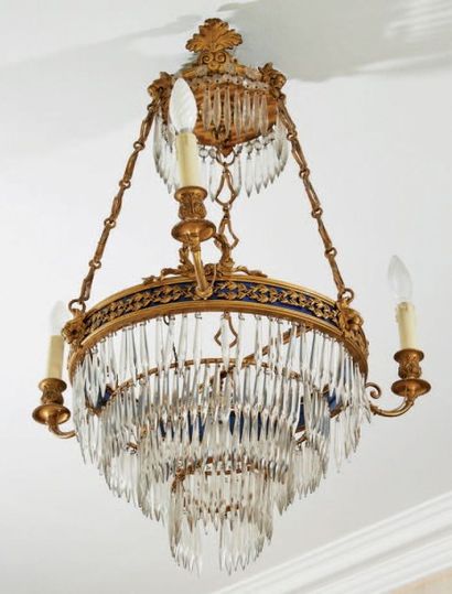 LUSTRE CORBEILLE en bronze et émail bleu...