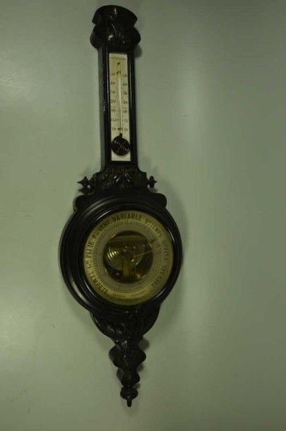 BAROMETRE THERMOMETRE en bois norci à décor...