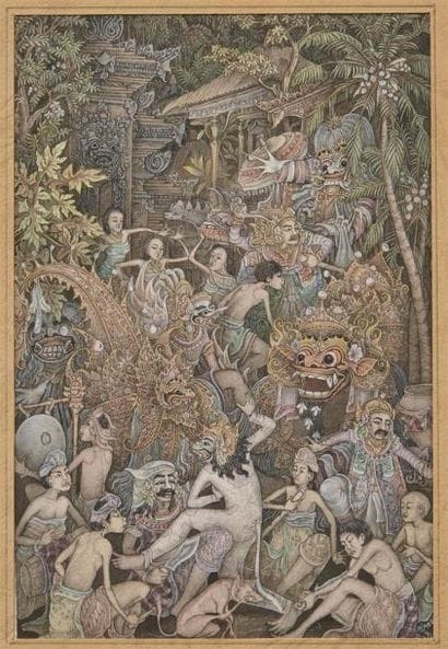 SCENE de la mythologie balinaise. 
Gouache...