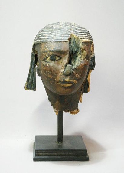 GRANDE TÊTE ÉGYPTIENNE EN BOIS` sculpté et...