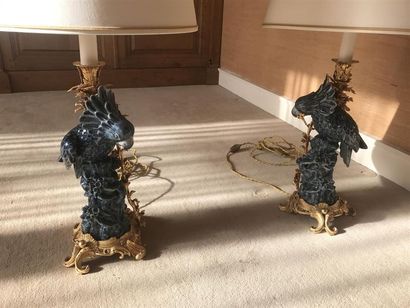 PAIRE DE LAMPES en bronze redoré et porcelaine...