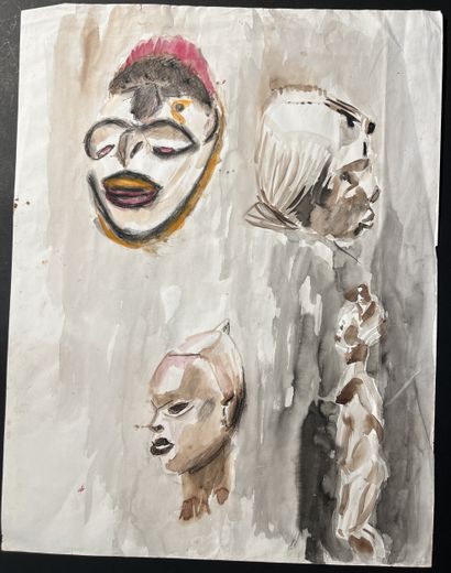Ecole Africaine. 2 dessins de sculpture vers...