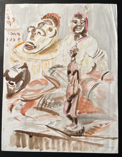 Ecole Africaine. 2 dessins de sculpture vers...