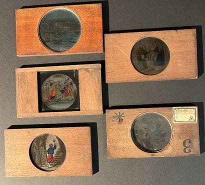 5 painted glass panels in wooden frames for...