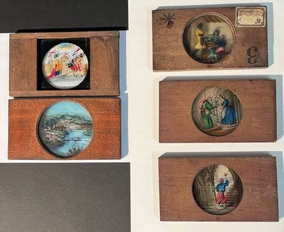 5 painted glass panels in wooden frames for...