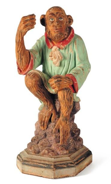 Singe en bois sculpté polychrome. Italie,...