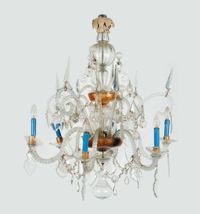 Lustre en verre taillé et verre doré à six...