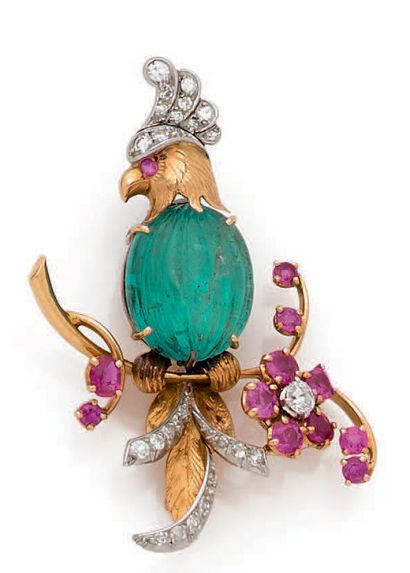 Clip en or jaune 18K (750) dessinant un perroquet...