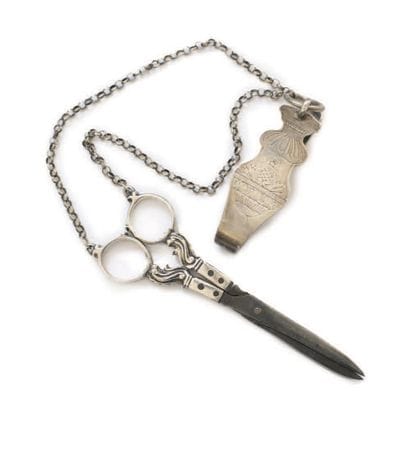 SILVER CHATELLAIN WITH SCISSORS Silver chatelain,...