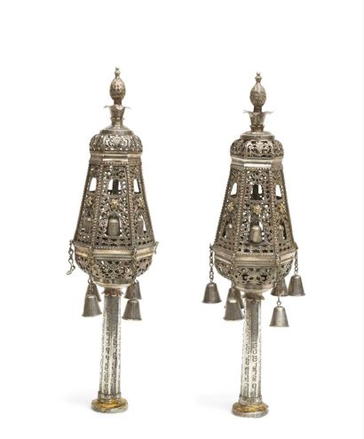 PAIR OF SILVER RIMONIM Tetouan, Morocco,...