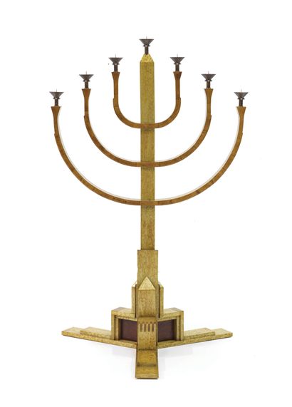 EXCEPTIONAL SEVEN LIGHT MENORAH IN WOOD AND...