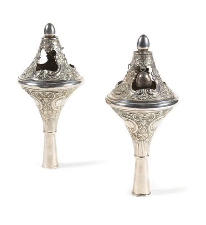 PAIR OF SILVER RIMONIM Germany, circa 1900
Decorated...
