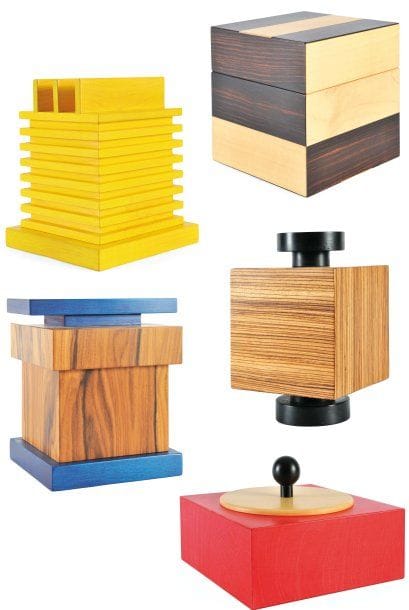suite de Cinq boîtes a./ en bois laqué jaune....