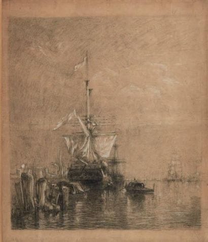 FÉLIX ZIEM (1821-1911)
Bateau à quai Fusain...