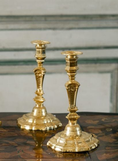 Pair of torches in chased and gilded bronze....