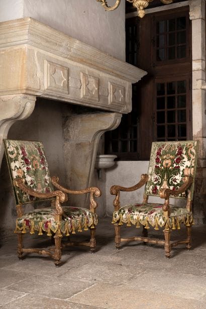 Pair of high-backed armchairs in molded,...