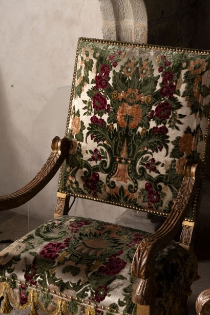 Pair of high-backed armchairs in molded,...