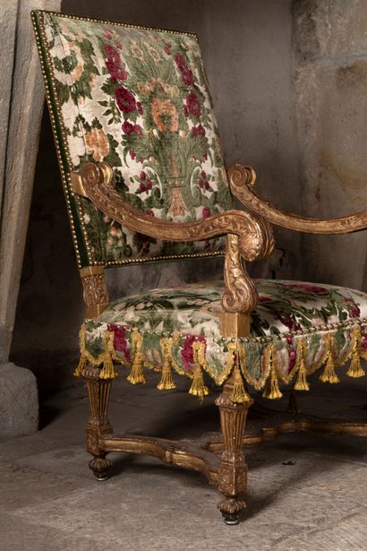 Pair of high-backed armchairs in molded,...