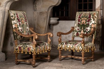 Pair of high-backed armchairs in molded,...