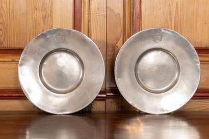 Pair of pewter Cardinal plates decorated...