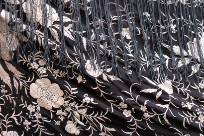 Black silk manila shawl with beige thread...