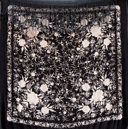 Black silk manila shawl with beige thread...