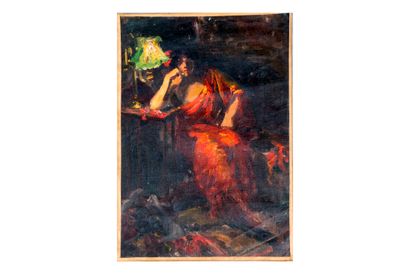 ÉCOLE MODERNE 
Élégante en robe rouge
Huile...