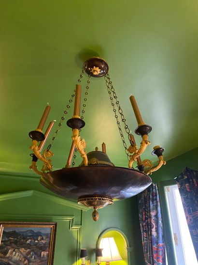 Eight-light ormolu and patinated chandelier....