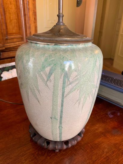 Celadon stoneware lamp decorated with bamboo...