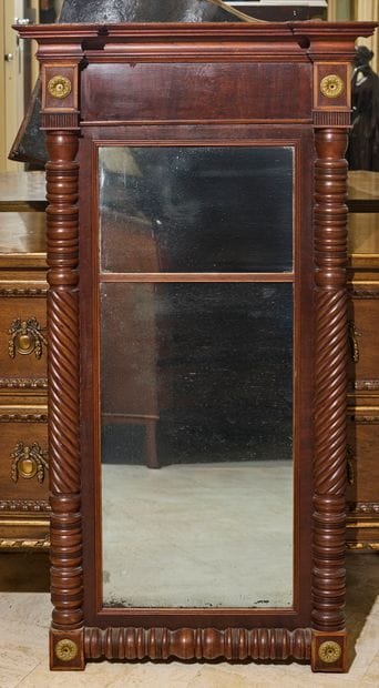 Mahogany mirror framed with turned half-columns,...