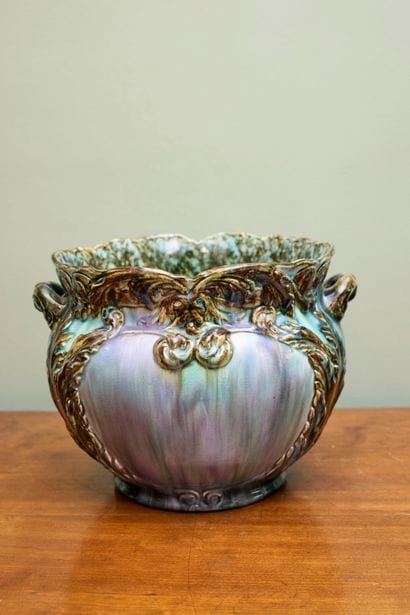 Iridescent glazed slip enamelled pot-holder,...