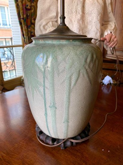 Celadon stoneware lamp decorated with bamboo...