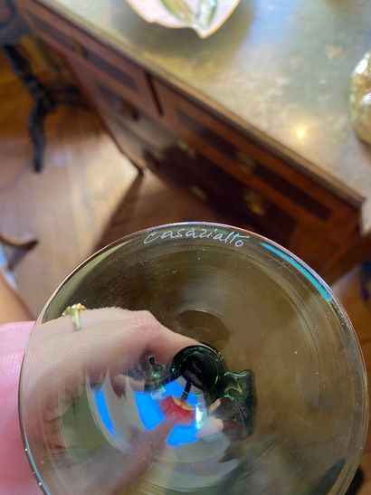 Polychrome molded glass candlestick featuring...
