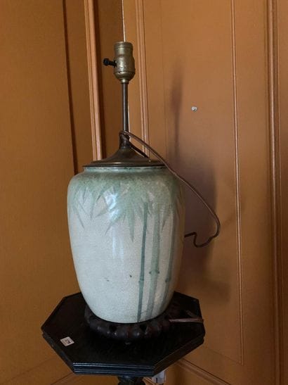 Celadon stoneware lamp decorated with bamboo...
