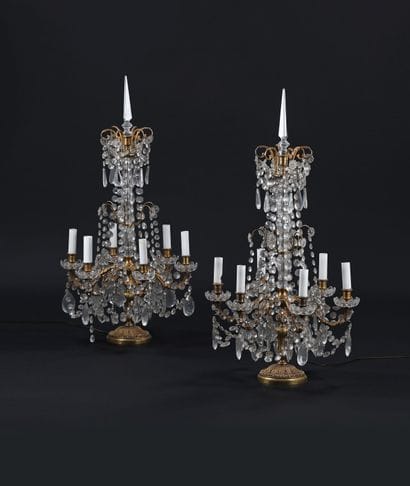 Pair of gilded bronze sconces with six lights,...