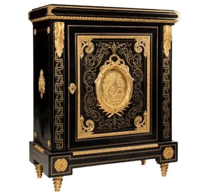 A rectangular, counter-height cabinet made...