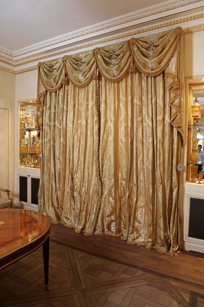 Pair of green silk curtains and a drapery...