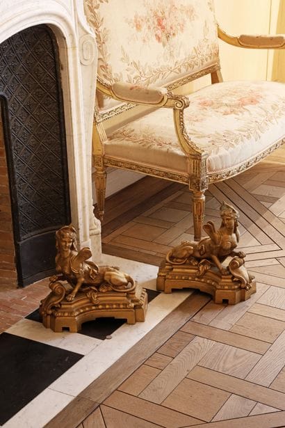 Pair of gilded bronze andirons decorated...