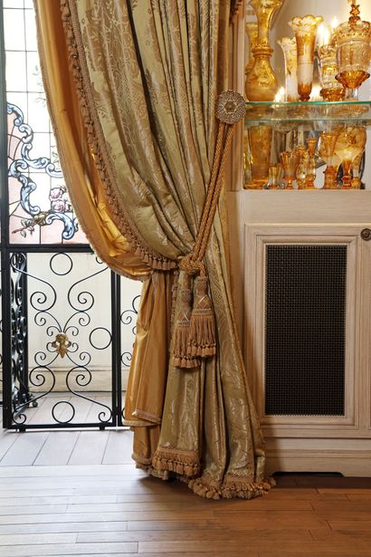 Pair of green silk curtains and a drapery...