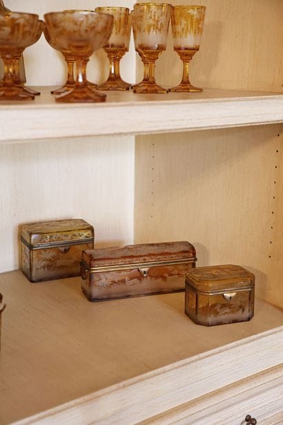 Set of three boxes made of tinted, cut Bohemian...