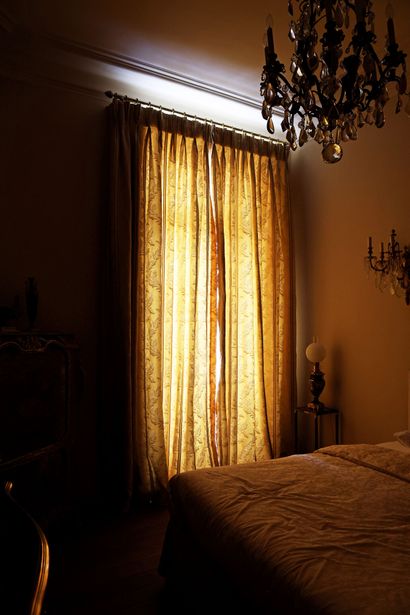 Pair of green silk curtains with white stripes.
20th...