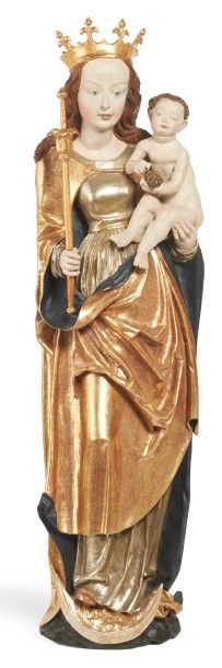 VIERGE À L'ENFANT en bois polychromé, doré...