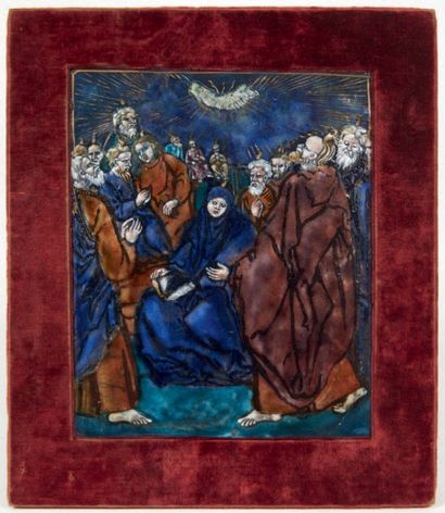 PLAQUE en émail peint polychrome avec rehauts...