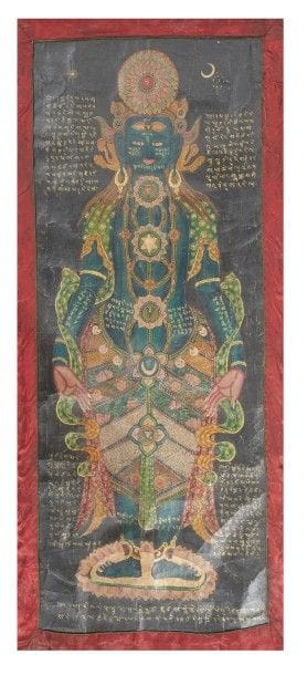 THANGKA en hauteur, détrempe sur toile, divinité...
