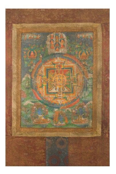 MANDALA en hauteur, détrempe sur toile, Sakyamuni...