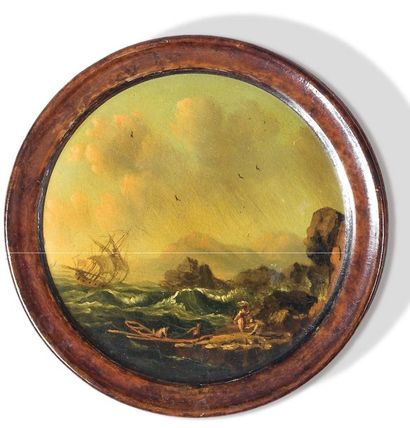 Boite ronde polychrome à décor bois de loupe...