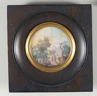 Miniature ronde figurant une scène de fête...
