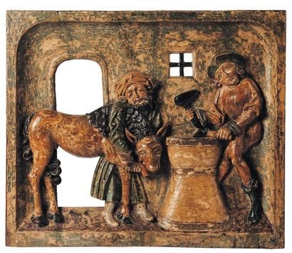 Bas-relief en bois de résineux sculpté en...