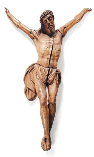 Important Christ en chêne sculpté. tête ceinte...